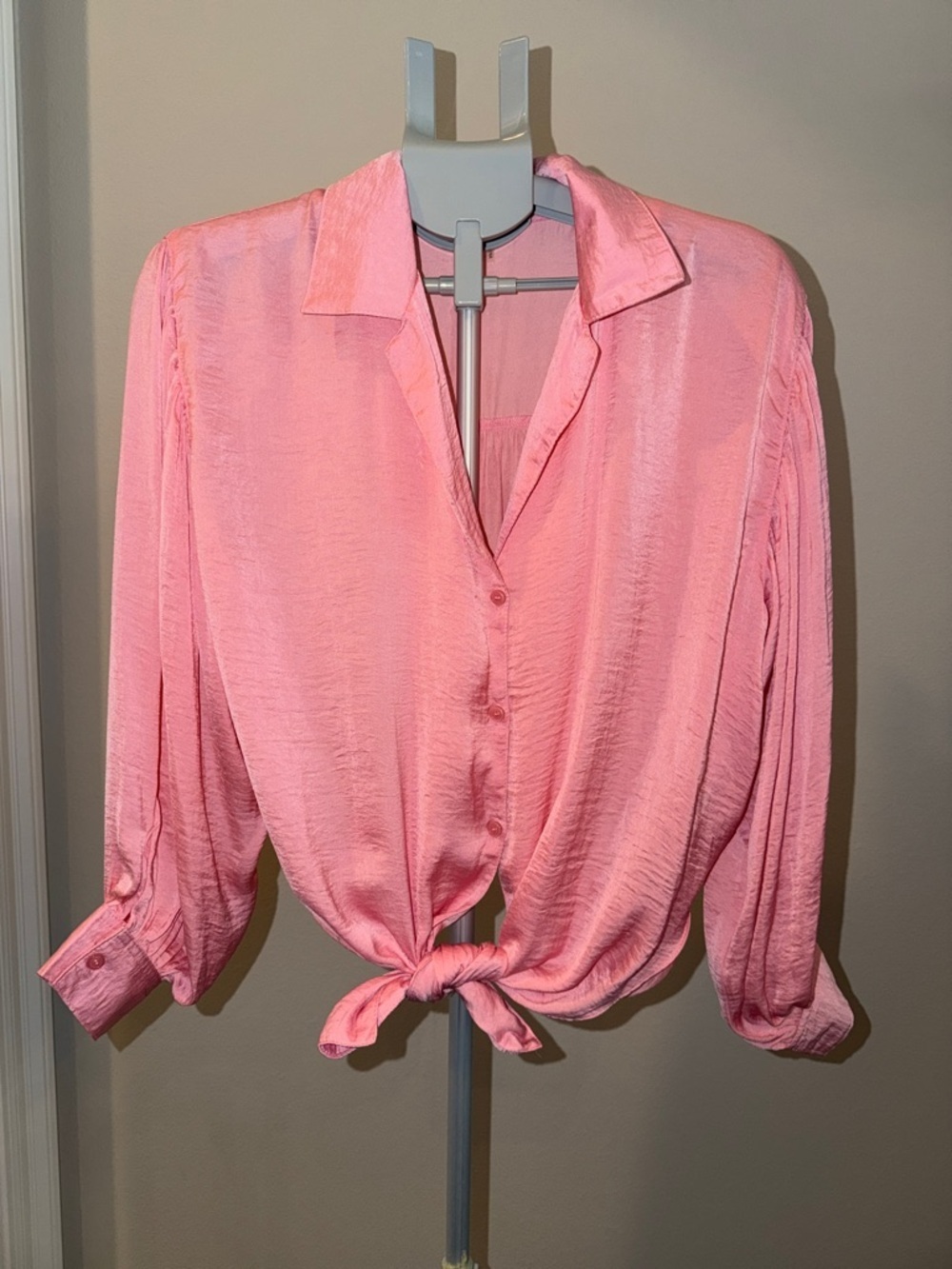 glam Pink Tie-Front Button Down Blouse